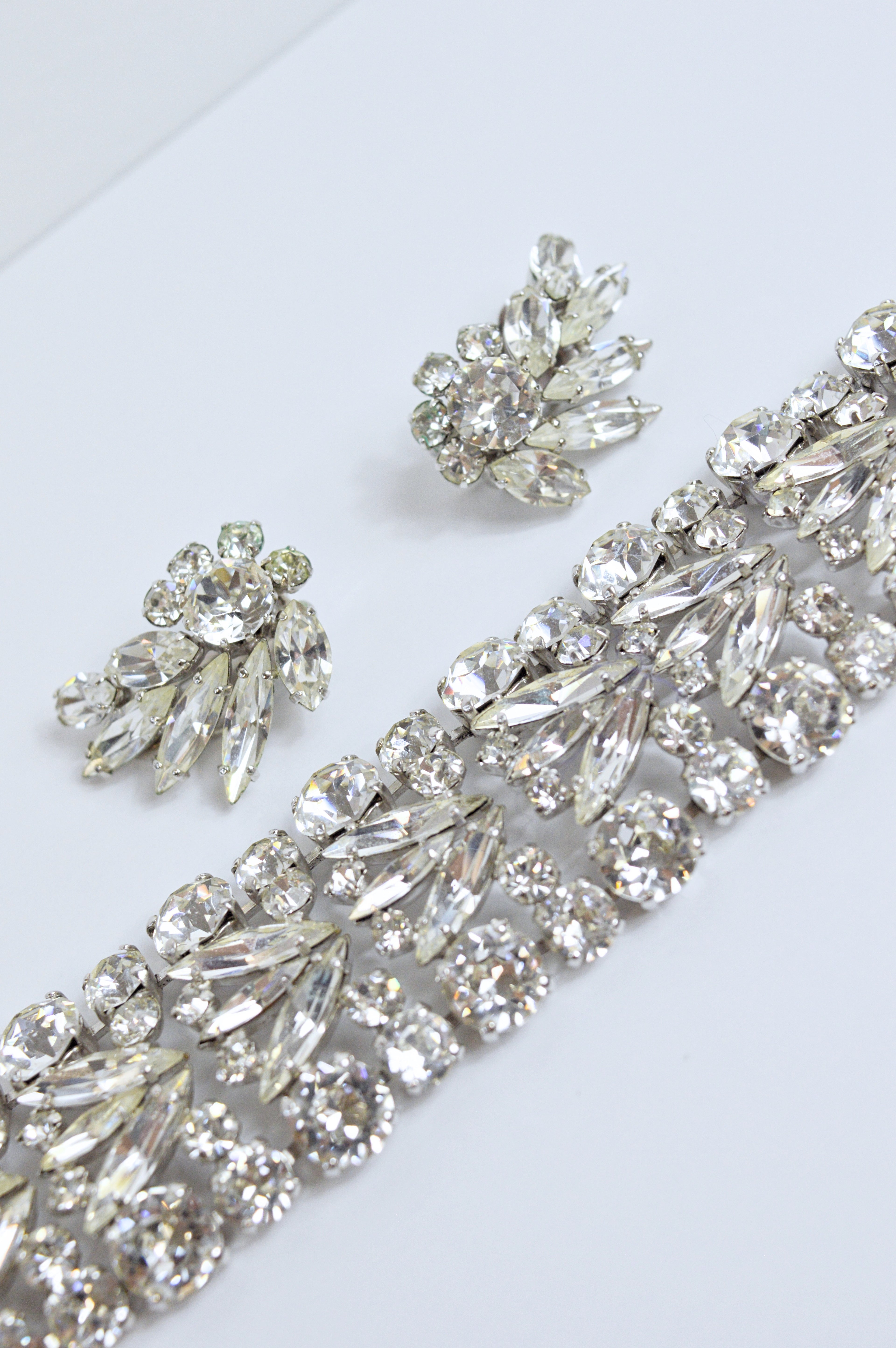 Vintage Sherman Ornate Clear Crystal Bracelet and Earring Set | 1960s