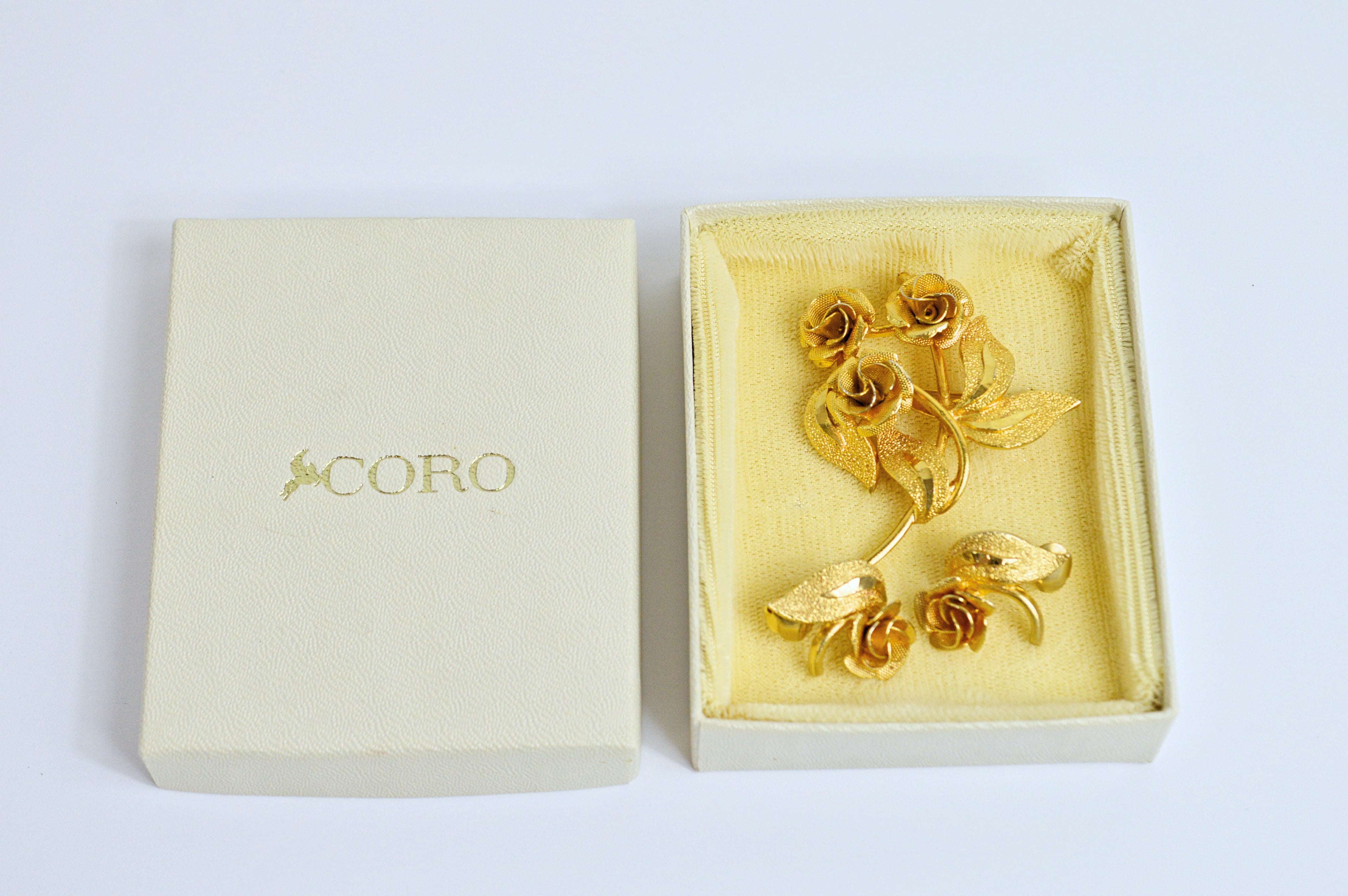 Vintage Signed Coro Goldtone Floral Brooch and Earring Set |1980s