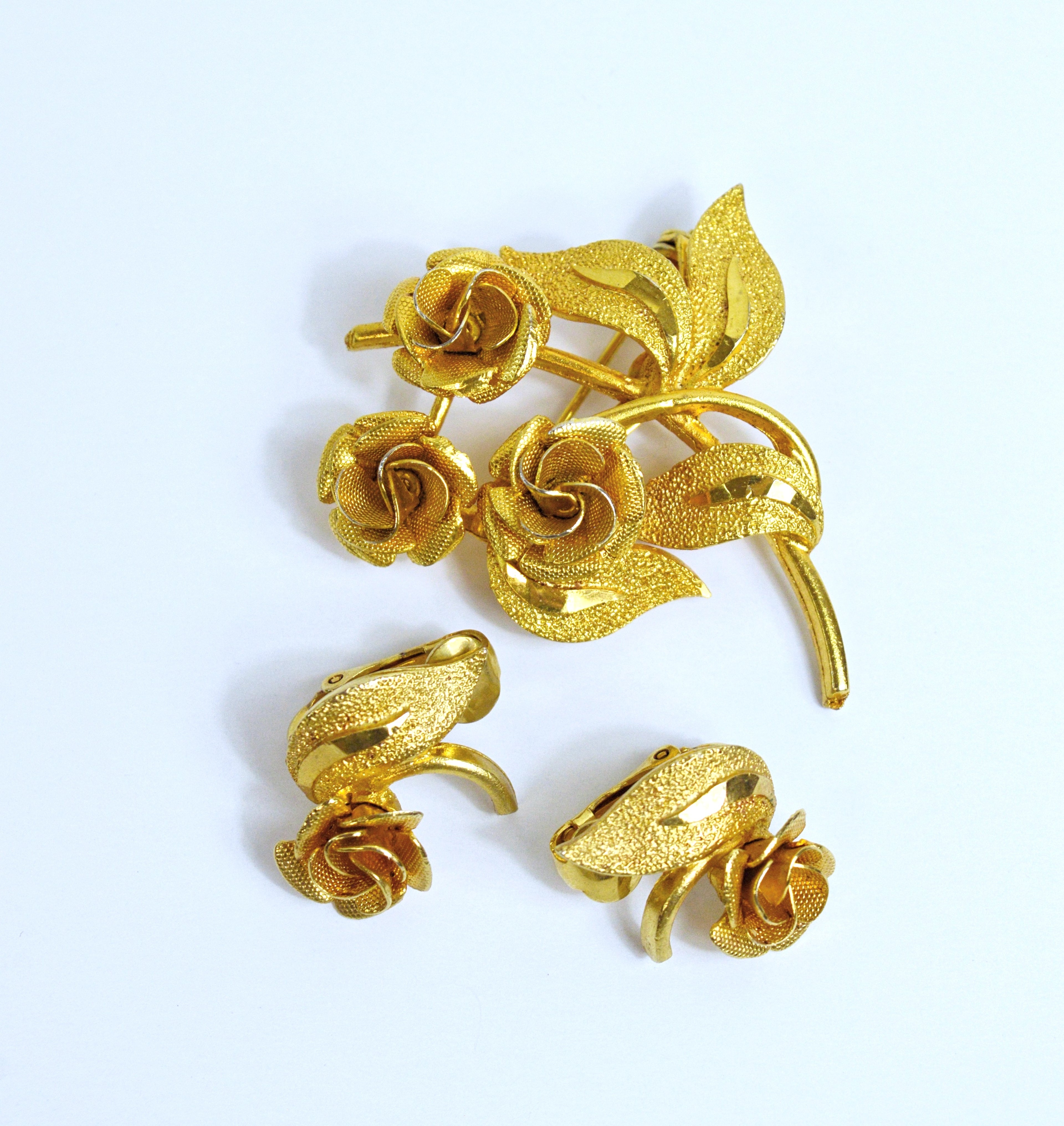 Vintage Signed Coro Goldtone Floral Brooch and Earring Set |1980s