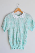 Load image into Gallery viewer, Vintage 1970s-1980s Teal Floral Short Sleeve Sweater with Embroidered Lace Peter Pan Collar
