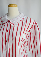 Load image into Gallery viewer, Red and White Striped Blouse with Lace Detailed Collar | Large
