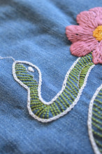 Load image into Gallery viewer, Up-cycled Snake and Flowers Denim Dress | M

