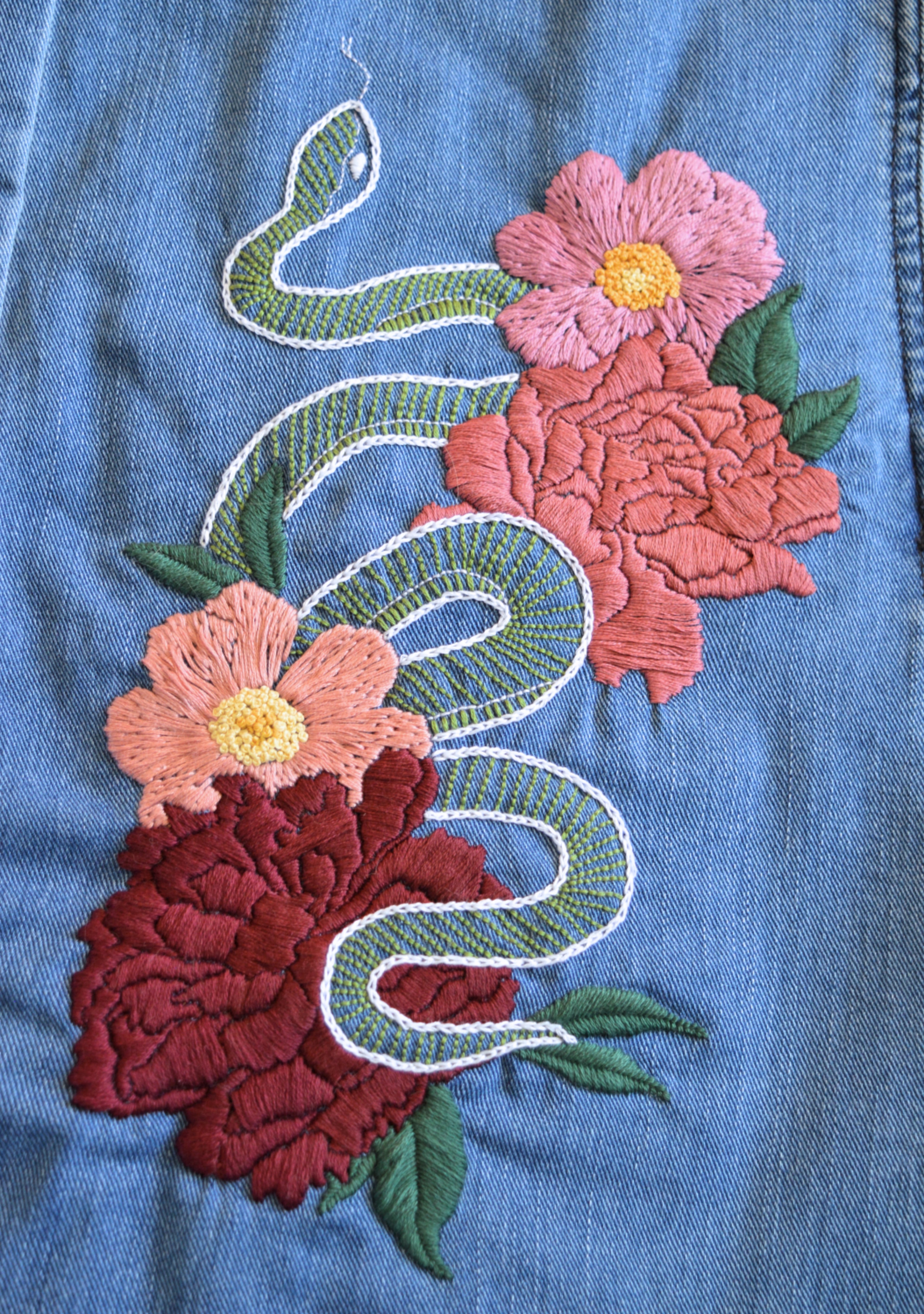 Up-cycled Snake and Flowers Denim Dress | Medium
