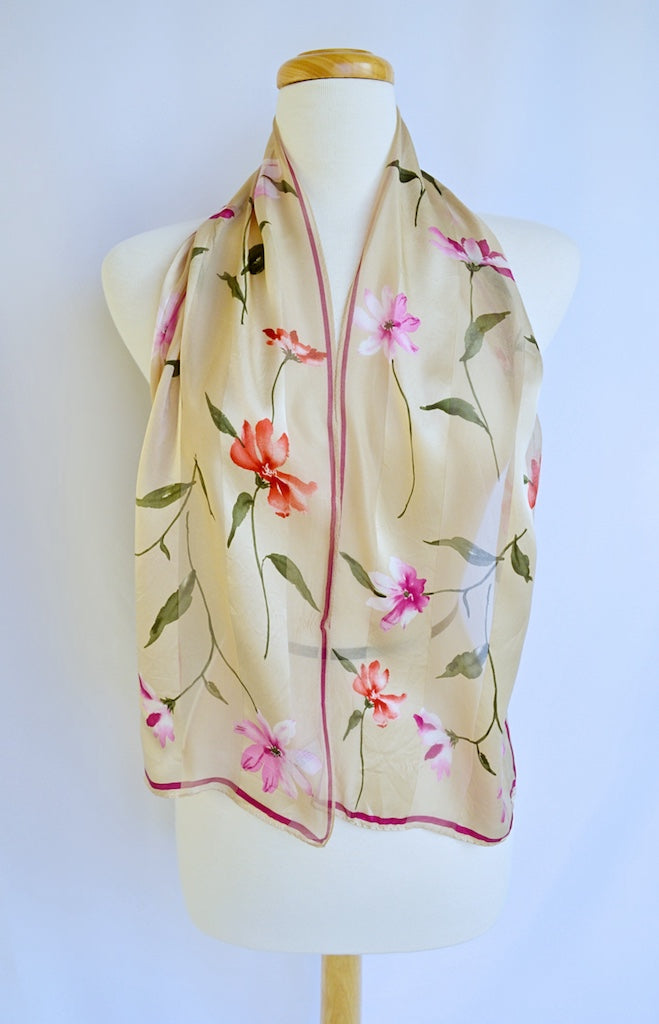 Beige, Pink and Red Floral Silk Scarf