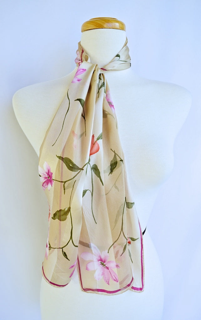 Beige, Pink and Red Floral Silk Scarf