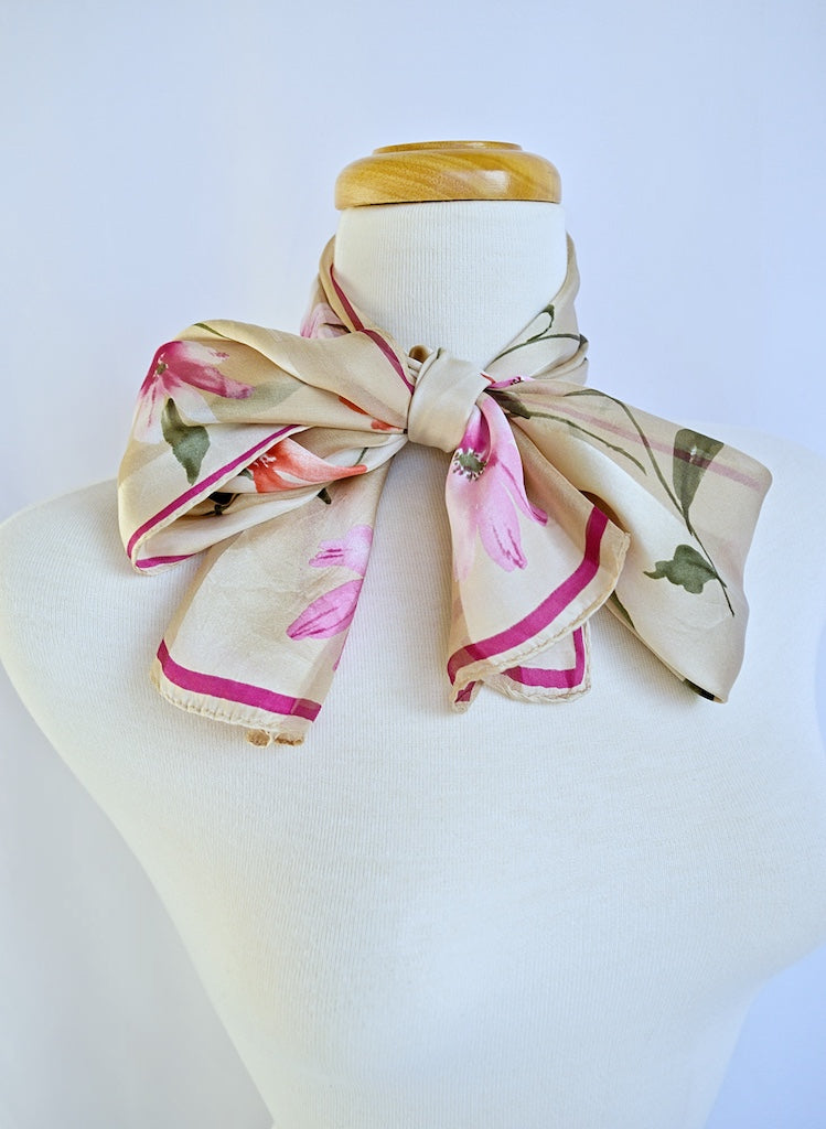 Beige, Pink and Red Floral Silk Scarf