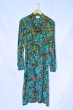 Load image into Gallery viewer, Vintage 1980s Shades of Green Floral Maxi Dress with Faux Scarf Collar
