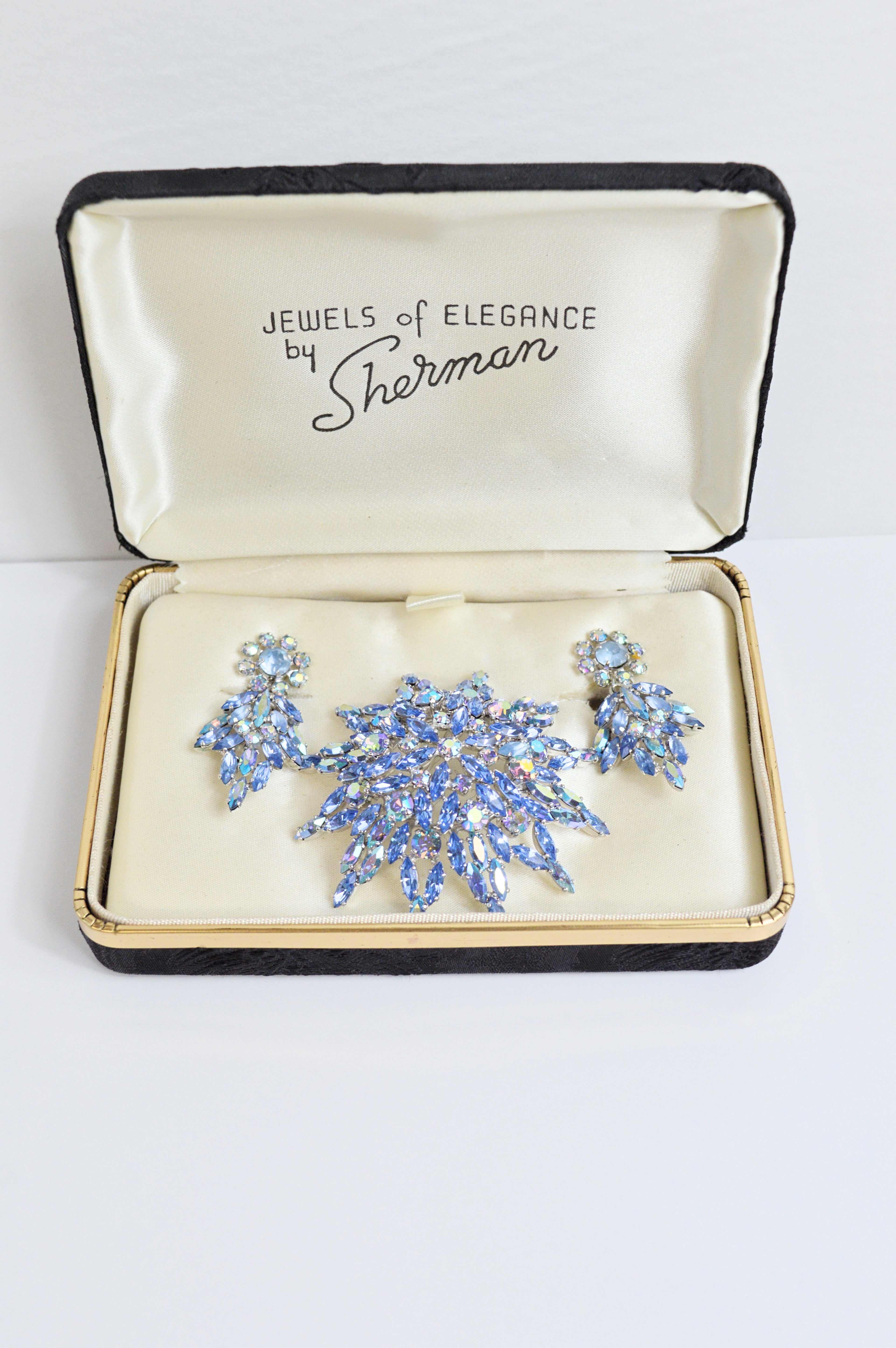 Vintage Sherman Blue Aurora Borealis Brooch and Earring Set | 1950s-1960s