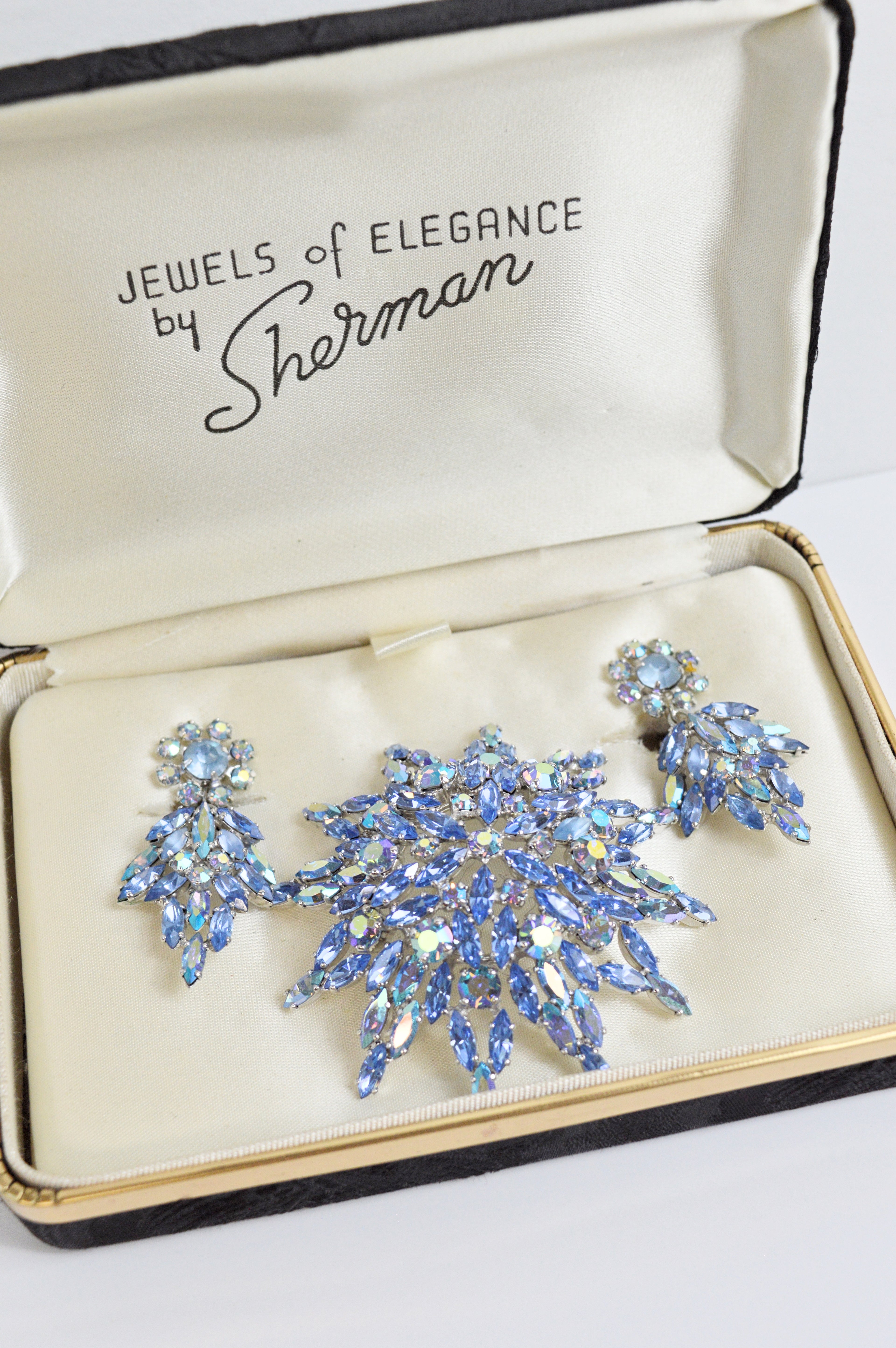 Vintage Sherman Blue Aurora Borealis Brooch and Earring Set | 1950s-1960s