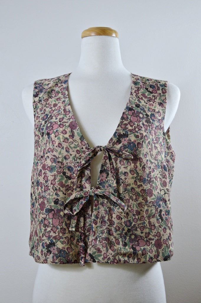 Up-Cycled Handcrafted Blue and Purple Berries and Blooms Tie-Front Vest | Small-Medium