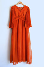 Load image into Gallery viewer, Vintage 1970s Burnt Orange Flutter Sleeve Long Gown
