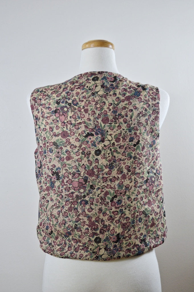 Up-Cycled Handcrafted Blue and Purple Berries and Blooms Tie-Front Vest | Small-Medium