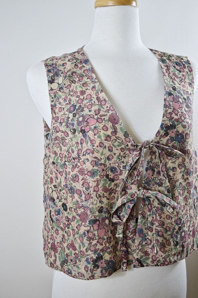 Up-Cycled Handcrafted Blue and Purple Berries and Blooms Tie-Front Vest | Small-Medium