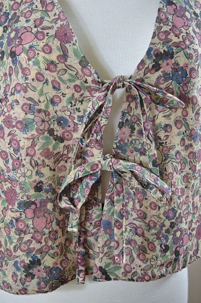 Up-Cycled Handcrafted Blue and Purple Berries and Blooms Tie-Front Vest | Small-Medium