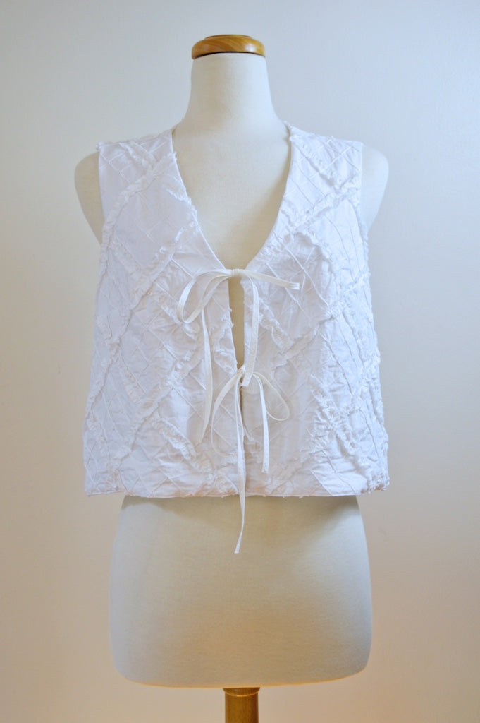 Up-cycled Handcrafted Checkered White Frill Tie-Front Vest | Small