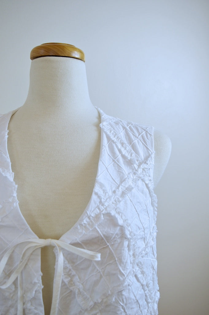 Up-cycled Handcrafted Checkered White Frill Tie-Front Vest | Small