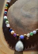Load image into Gallery viewer, Up-cycled Multi-Coloured Beaded Necklace with Genuine White Quartz Teardrop Pendant
