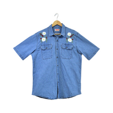 Load image into Gallery viewer, Men&#39;s Upcycled Daisy and Red Flowers Hand Embroidered Denim Shirt | L
