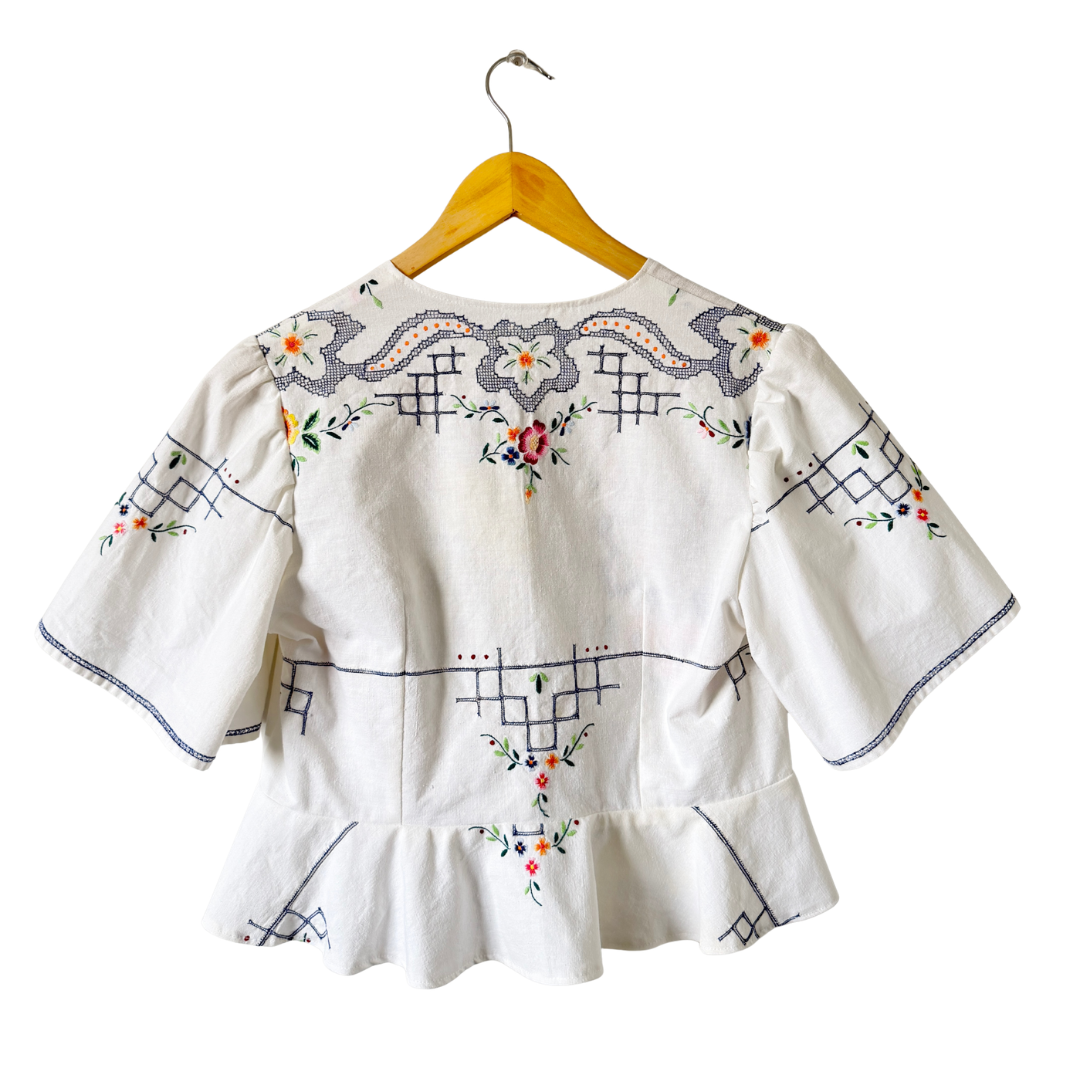 Recycled Multi-Coloured Floral Embroidered Peplum Blouse | Large