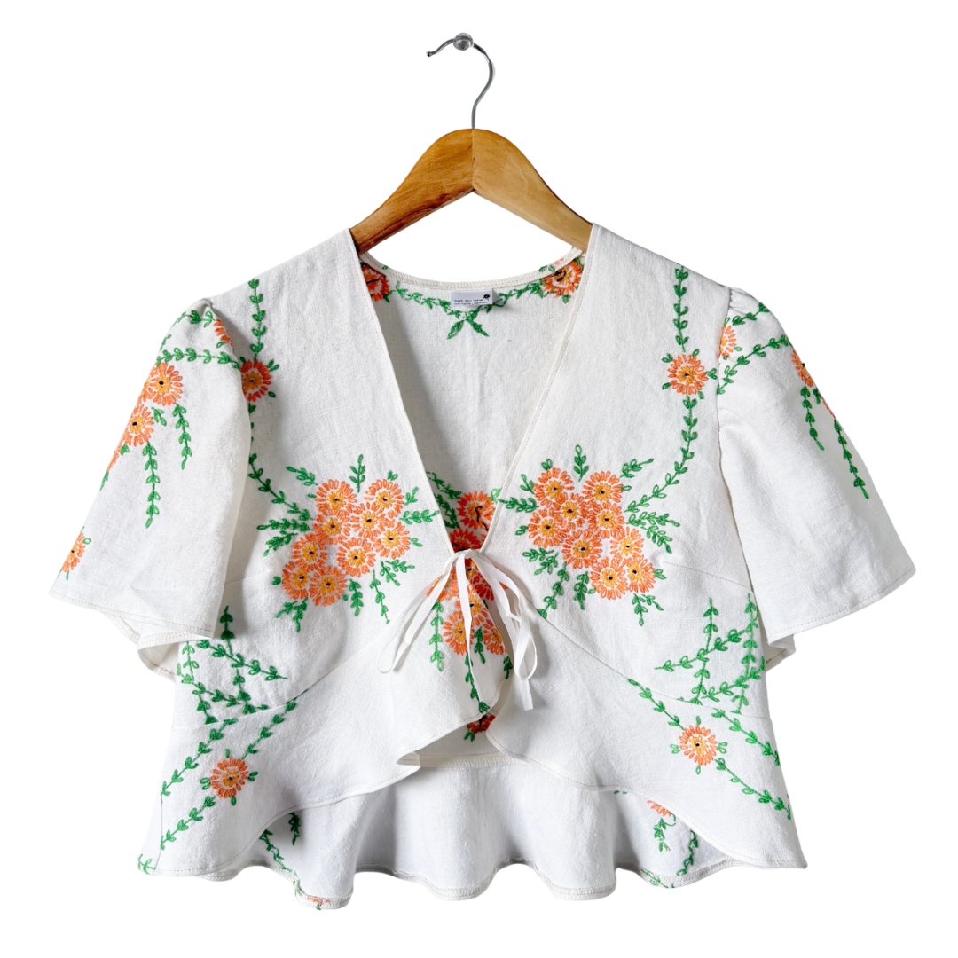 Recycled Orange Floral Embroidered Linen Peplum Blouse | Extra-Large