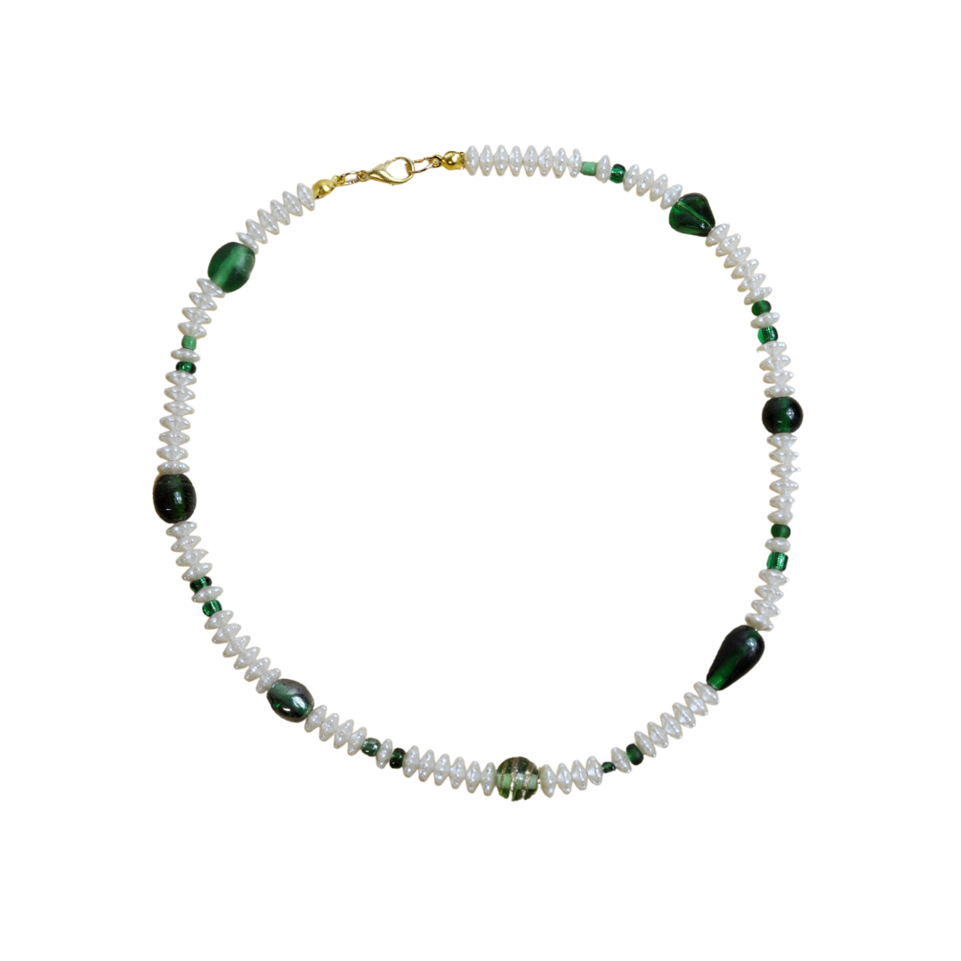Up-cycled Hand-crafted Necklace with Green Glass and Textured Faux Pearl Beads