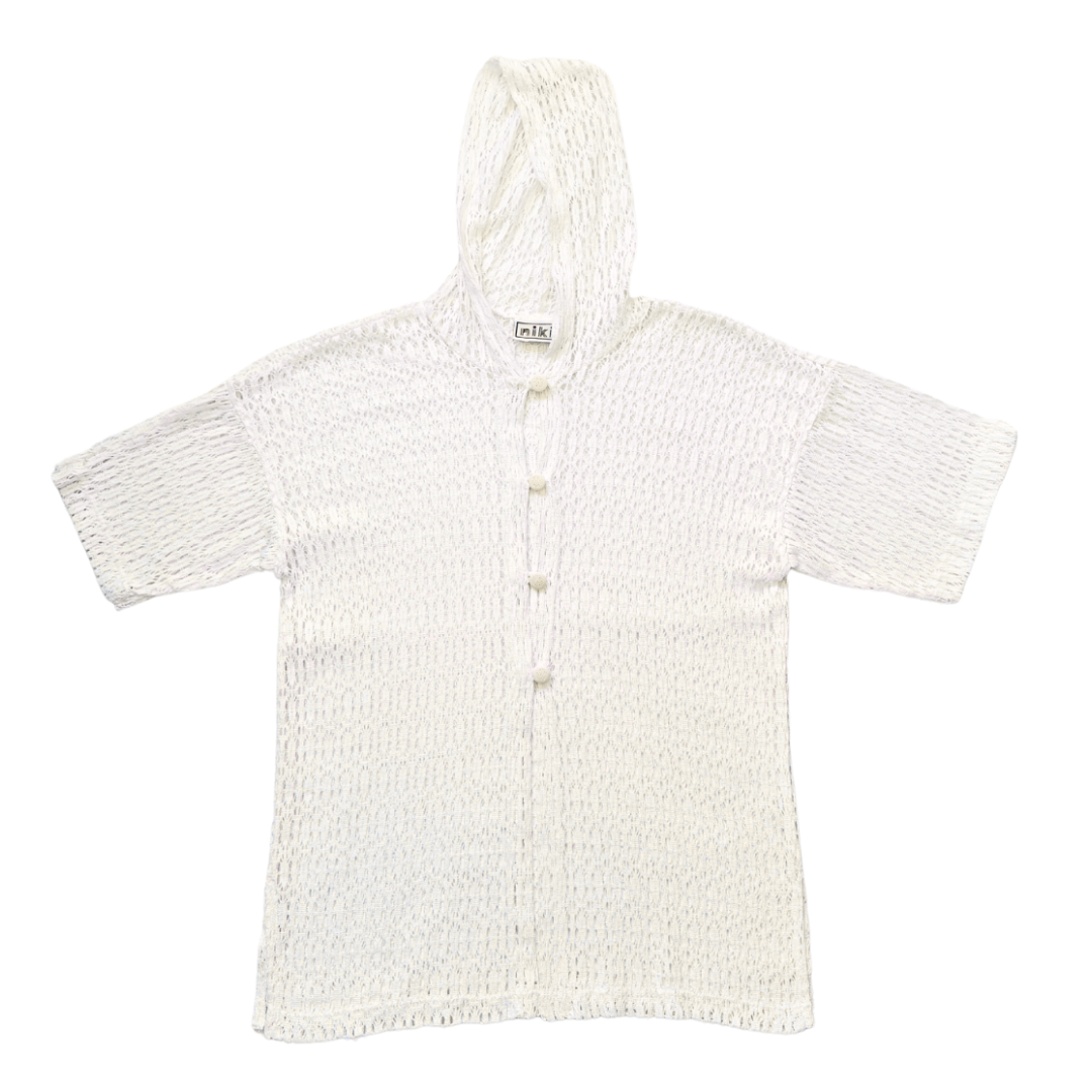 Vintage 1980s-1990s Niki White Lace Hooded Short-Sleeve Coverup Medium Large