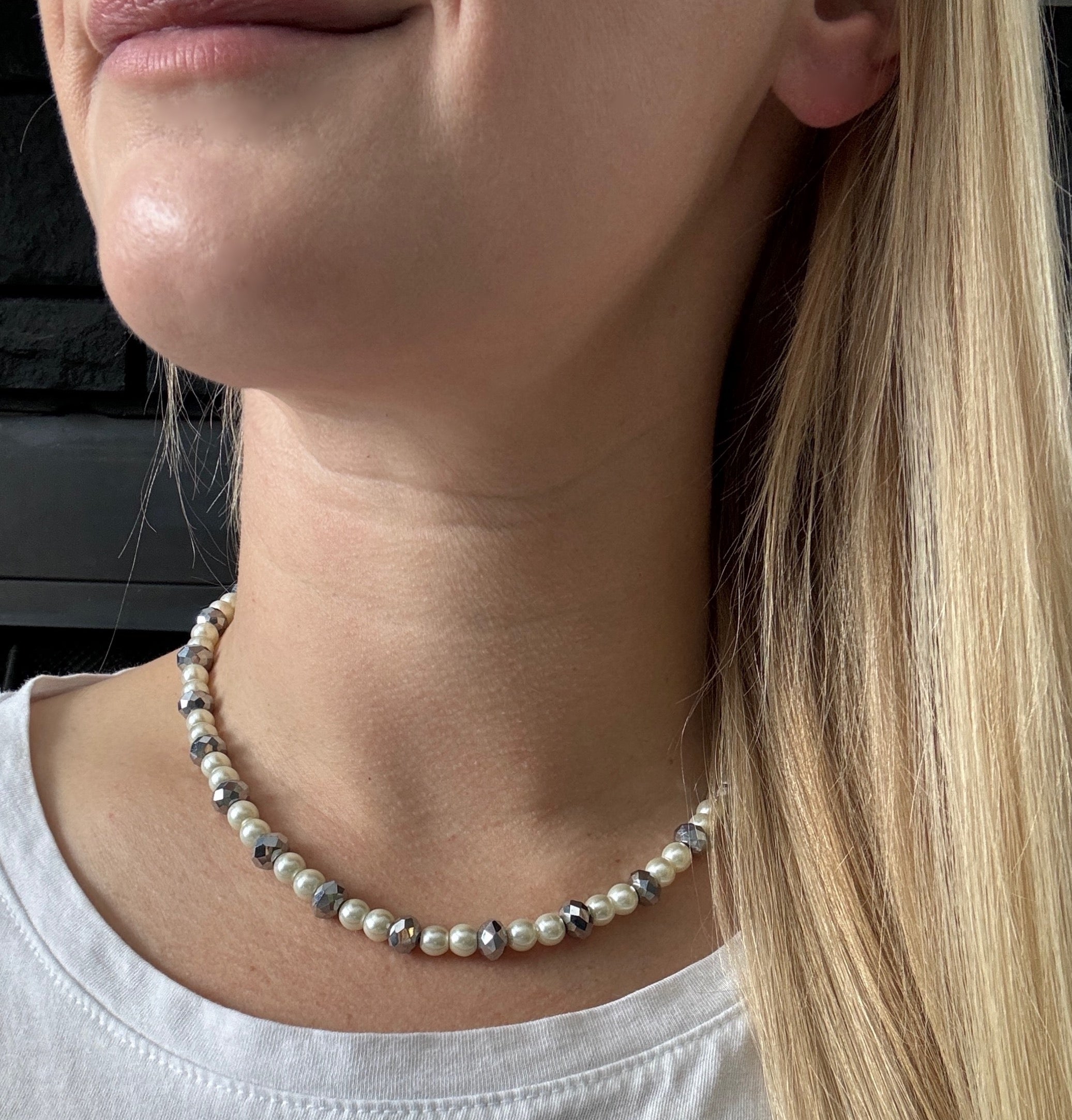 Up-cycled Faux Pearl and Hematite Beaded Necklace