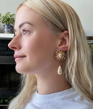 Load image into Gallery viewer, Large Gold Floral Earrings with Pearl Center and Teardrop Dangle
