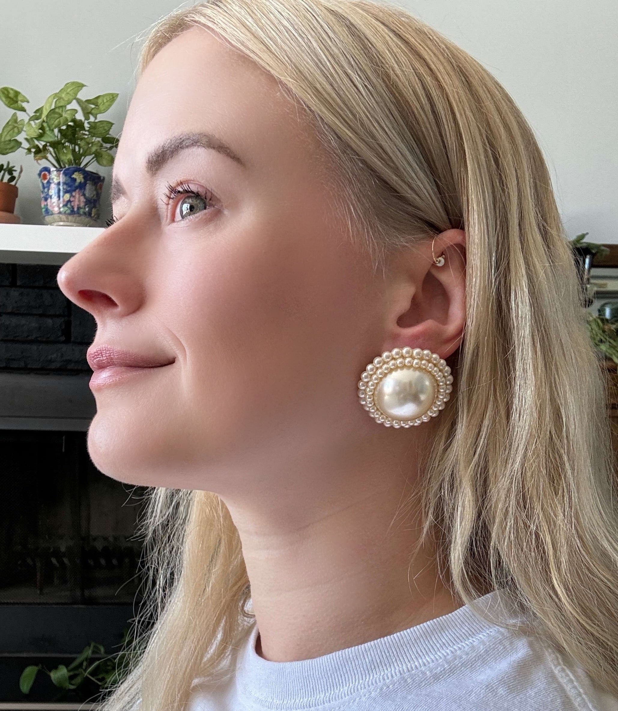 Large Circular Pearl Statement Earrings with Pearl Bead Border