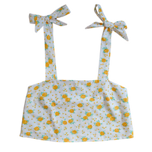 Load image into Gallery viewer, Up-cycled Handcrafted Little Yellow Roses Bow Shoulder Cropped Tank | Medium
