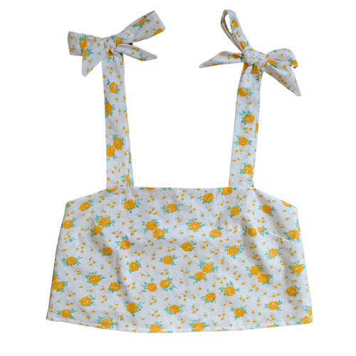 Up-cycled Handcrafted Little Yellow Roses Bow Shoulder Cropped Tank | Medium