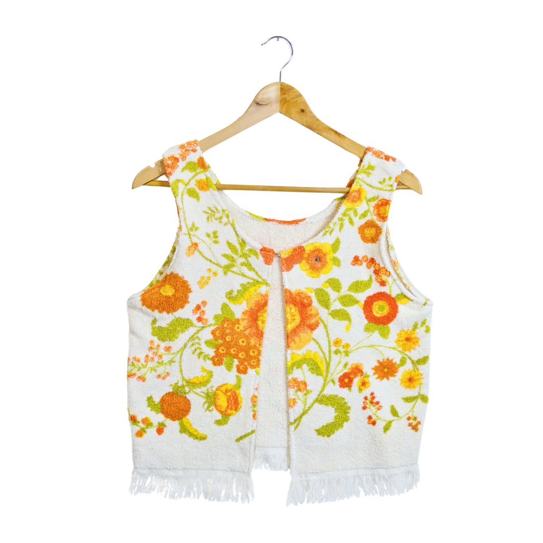 Up-cycled Vintage Orange and Yellow Floral Terry Towel Vest | Small-Medium