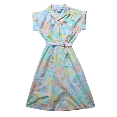 Vintage Pastel Abstract Floral Printed Short Sleeve Shirt Dress | Small-Medium