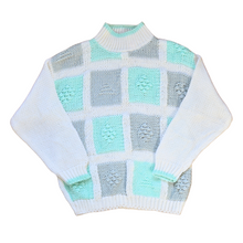 Load image into Gallery viewer, Vintage 1980s-1990s Gad-abouts - Handknit Teal and Gray Patchwork Knit Turtleneck Sweater
