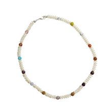 Load image into Gallery viewer, Up-cycled Hand-crafted Necklace with Multi-Coloured Rainbow Beads and Textured Pearl Beads
