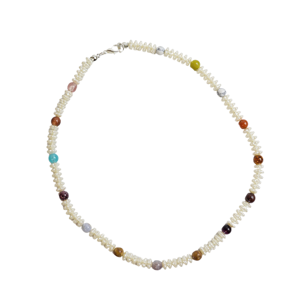 Up-cycled Hand-crafted Necklace with Multi-Coloured Rainbow Beads and Textured Pearl Beads