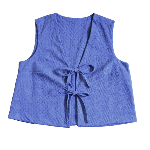 Up-cycled Periwinkle Blue Floral Eyelet Tie-Front Vest | Large / Extra-Large