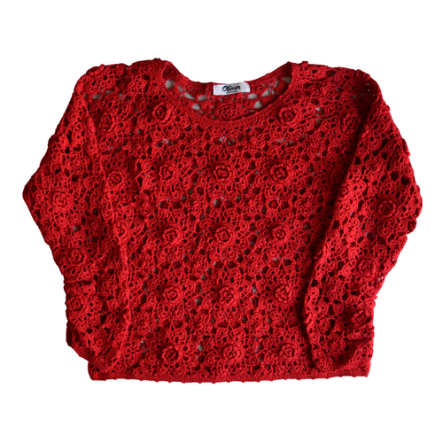 Vintage 1980s-1990s Oliver Fashion Red Crochet Rose Sweater Small