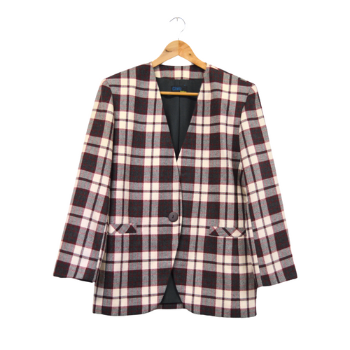 Vintage 1980s-1990s Chic Petites- Made in Canada Gray and Red Plaid Wool Tartan Blazer