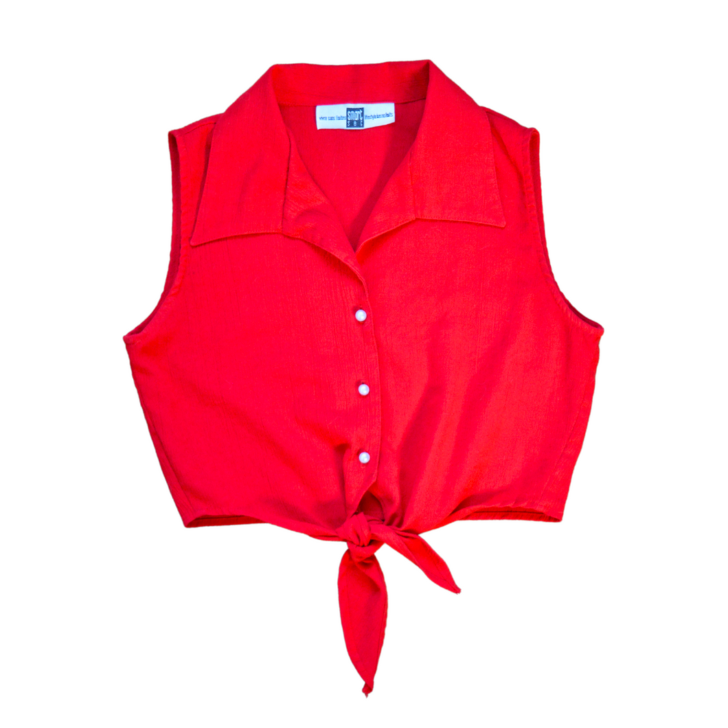 Vintage 1980s Smart Set Cherry Red Collared Sleeveless Tie-Front Blouse