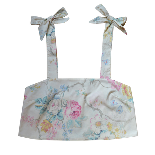 Up-cycled Handcrafted Pastel Floral Bow Shoulder Cropped Tank | Large