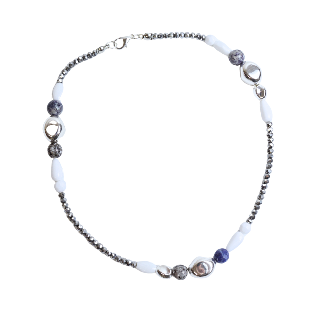 Up-cycled Hand Crafted Silver White Marble and Blue Beaded Short Layering Necklace