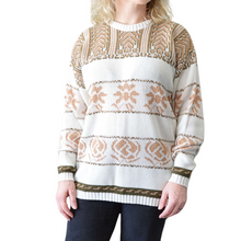 Load image into Gallery viewer, White Pullover Sweater with Green and Gold Abstract Pattern | M-L
