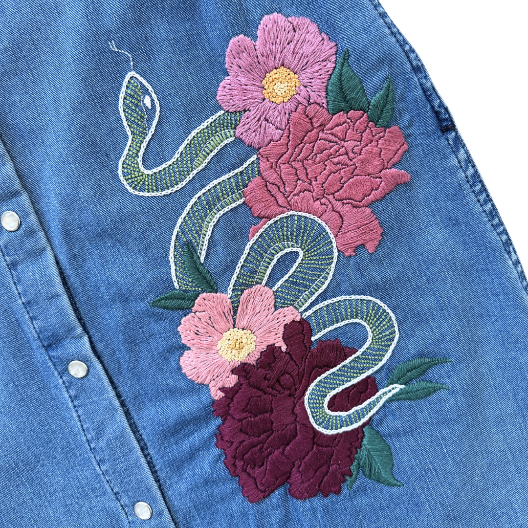 Up-cycled Snake and Flowers Denim Dress | Medium purpleastervintage Up-cycled Snake and Flowers Denim Dress | Medium purpleastervintage