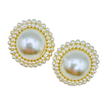 Load image into Gallery viewer, Vintage 1980s Large Circular Pearl Statement Earrings with Pearl Bead Border
