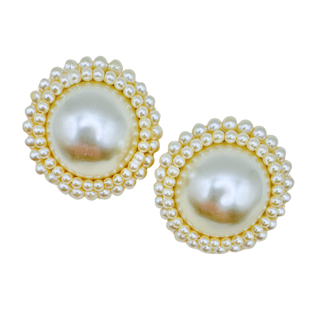 Vintage 1980s Large Circular Pearl Statement Earrings with Pearl Bead Border
