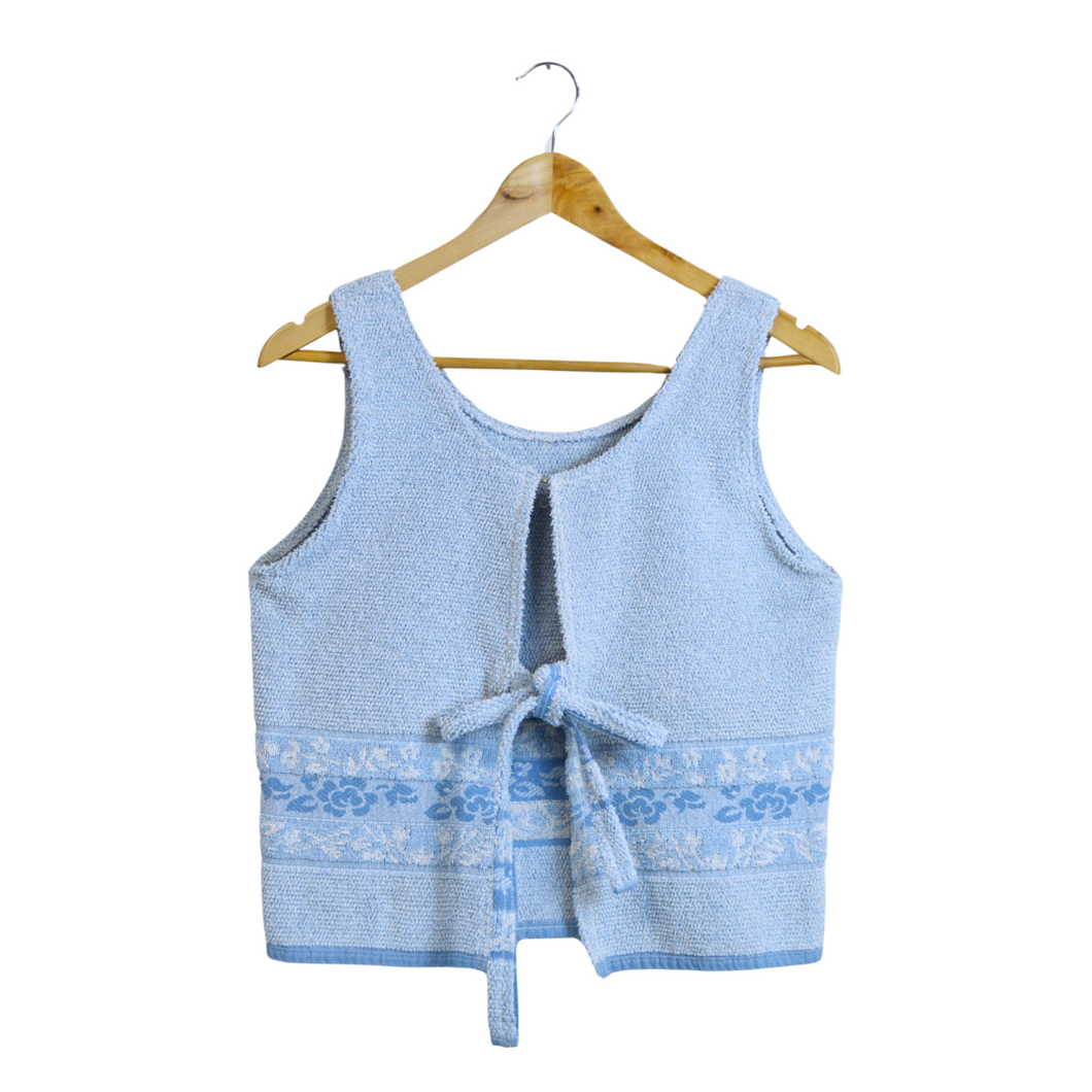 Up-cycled Hand-crafted Vintage Blue Floral Terry Towel Tie-front Vest | Small-Medium