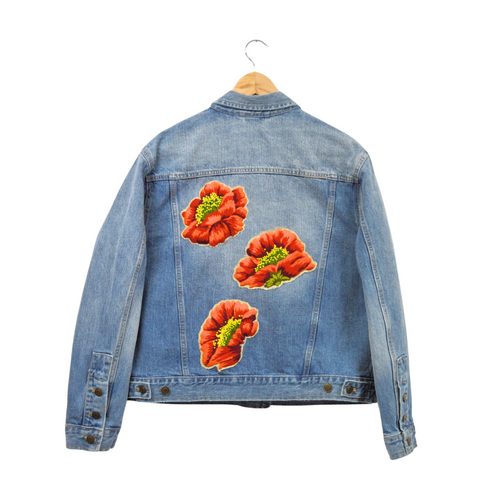 Upcycled denim jacket with wool poppy motif