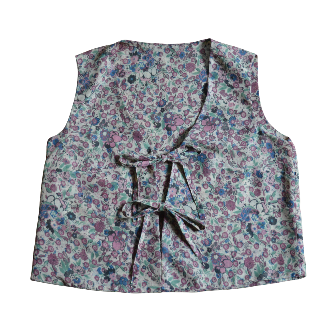 Up-Cycled Handcrafted Blue and Purple Berries and Blooms Tie-Front Vest | Small-Medium