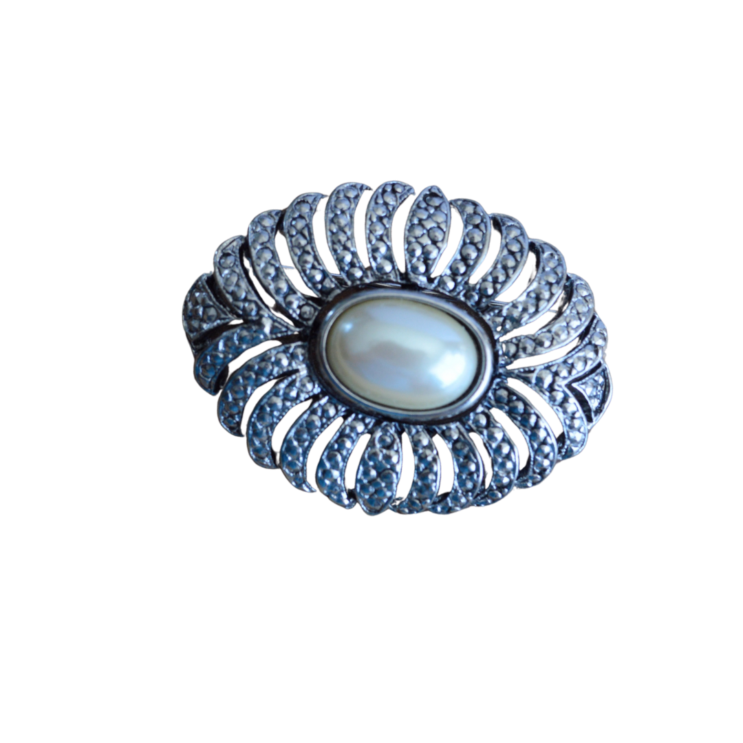 Oval Etched Silver Brooch with Faux Pearl Inlay